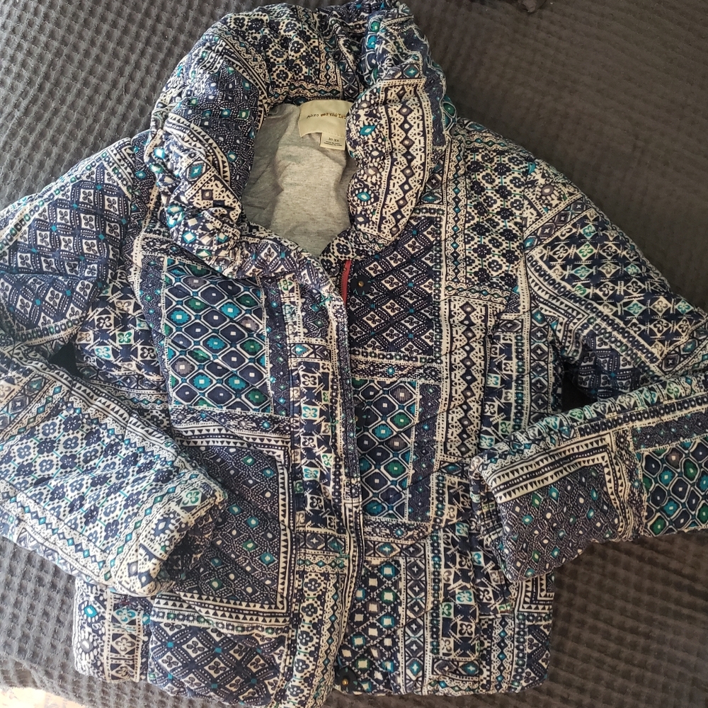 Pilcro And The Letterpress Blue and White Patterned Corduroy Bohemian Jacket